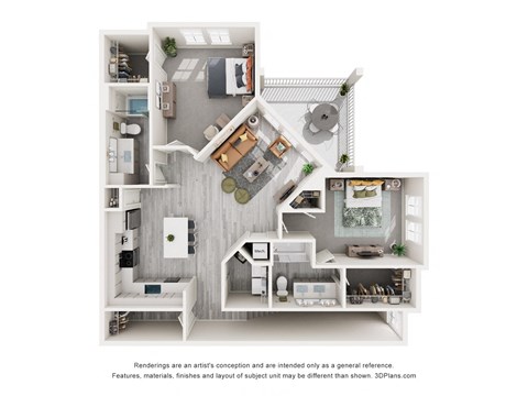 Floor plan for 2 beds, 2 baths, 1382 sqft